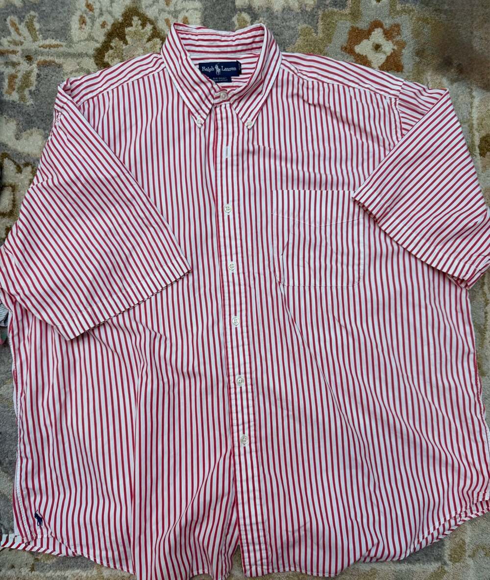 Ralph Lauren Big Shirt Men's XL Red and White Striped Short Sleeve Button-Down